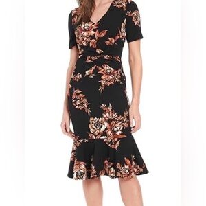 London Times Black and Brown Floral Midi Dress